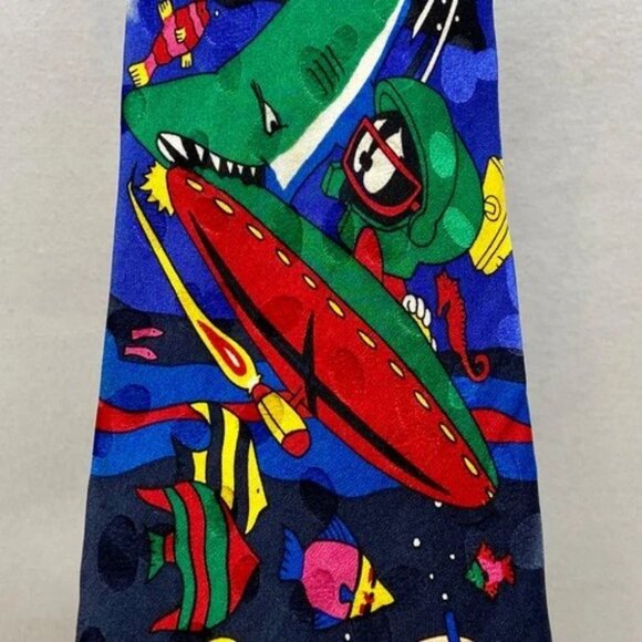 Vintage Looney Tunes Mania Neck Tie Elmer Mermaid Marvin Taz Bugs Silk Korea '93 - Picture 2 of 15
